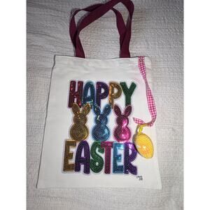 Easter Bunny Sequin Red Canvas Tote Custom Design Embellish OOAK Basket Bag NEW